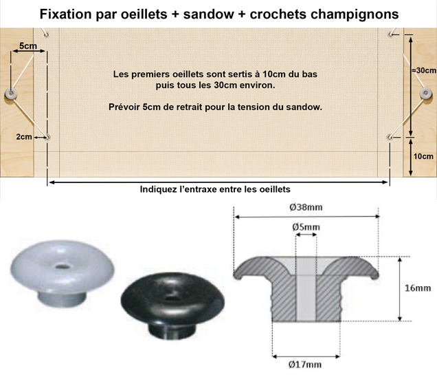 Fixation par œillets + sandow + crochets champignons pour bâche terrasse